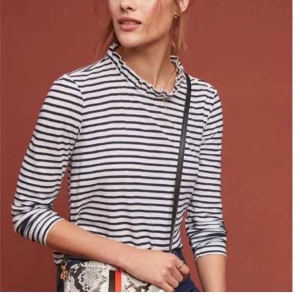 Stateside Striped Long Sleeve Ruffle Neck Tee Womens Small‎ Navy Blue White